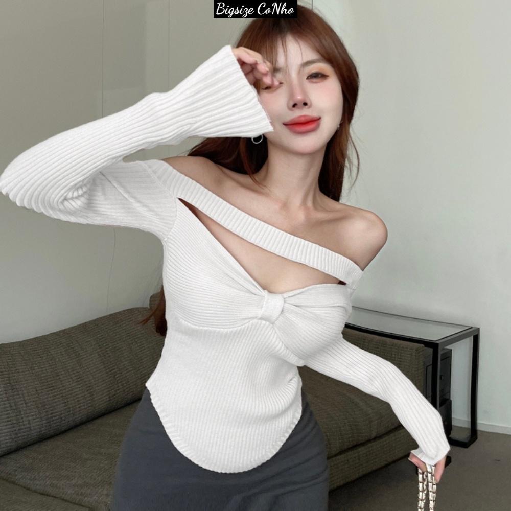 Áo thun gân bigsize nữ tay dài trễ vai kiểu dáng sexy, Áo kiểu big size dài tay BIGSIZE CÔ NHỎ G60 - Màu xanh