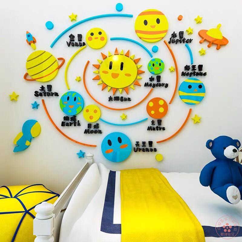 Decal dán tường mica 3D hệ mặt trời, các hành tinh, trang trí lớp học Tiếng Anh cho bé