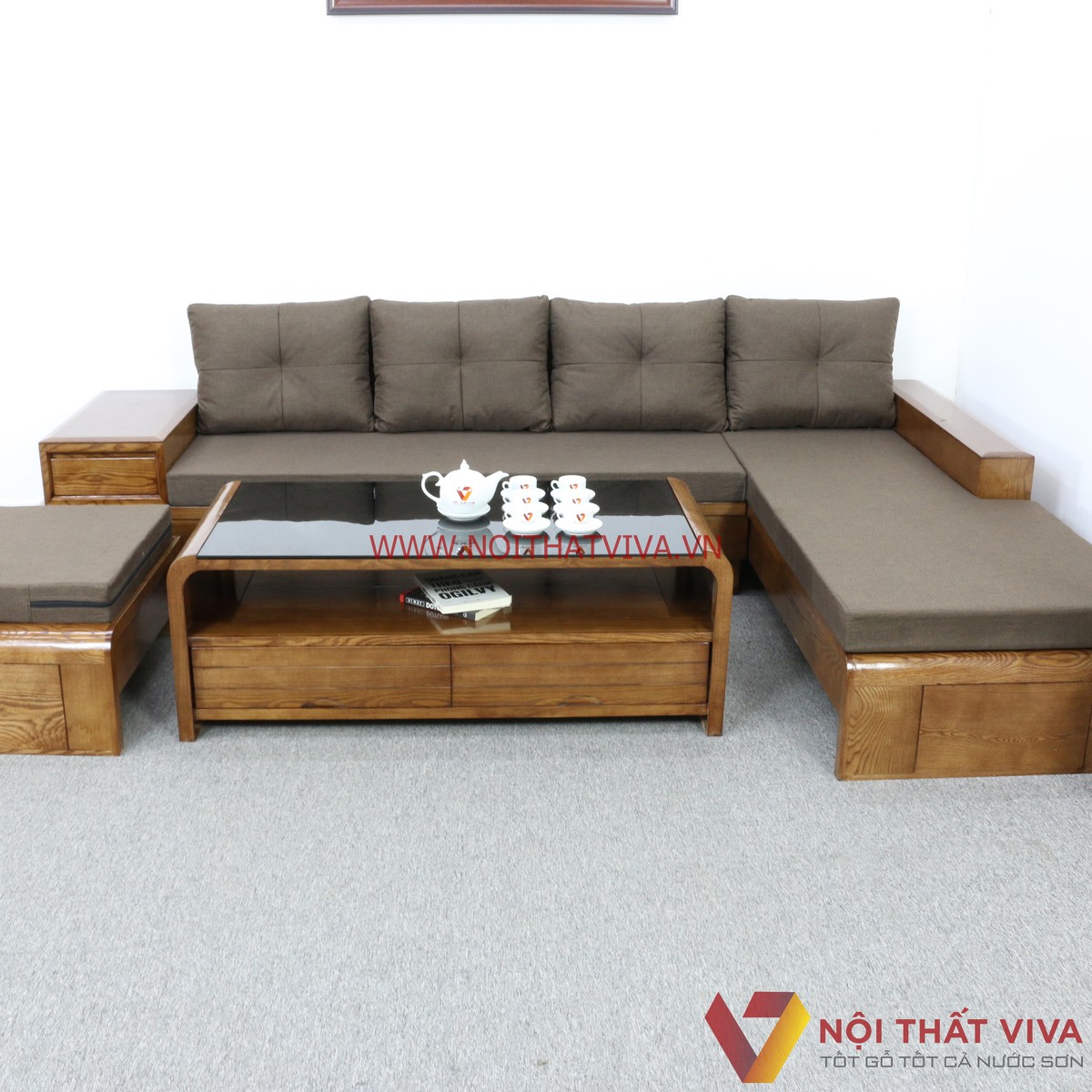 Bộ Sofa Gỗ Sồi Tự Nhiên Màu Óc Chó Có Nệm Hiện Đại Giá Rẻ