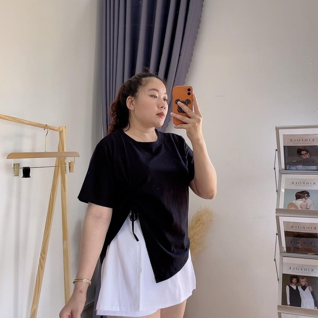 Áo thun tay ngắn croptop bigsize nữ form rộng xẻ kiểu một bên rút dây chất liệu cotton 58kg-95kg A29 - MÀU TRẮNG