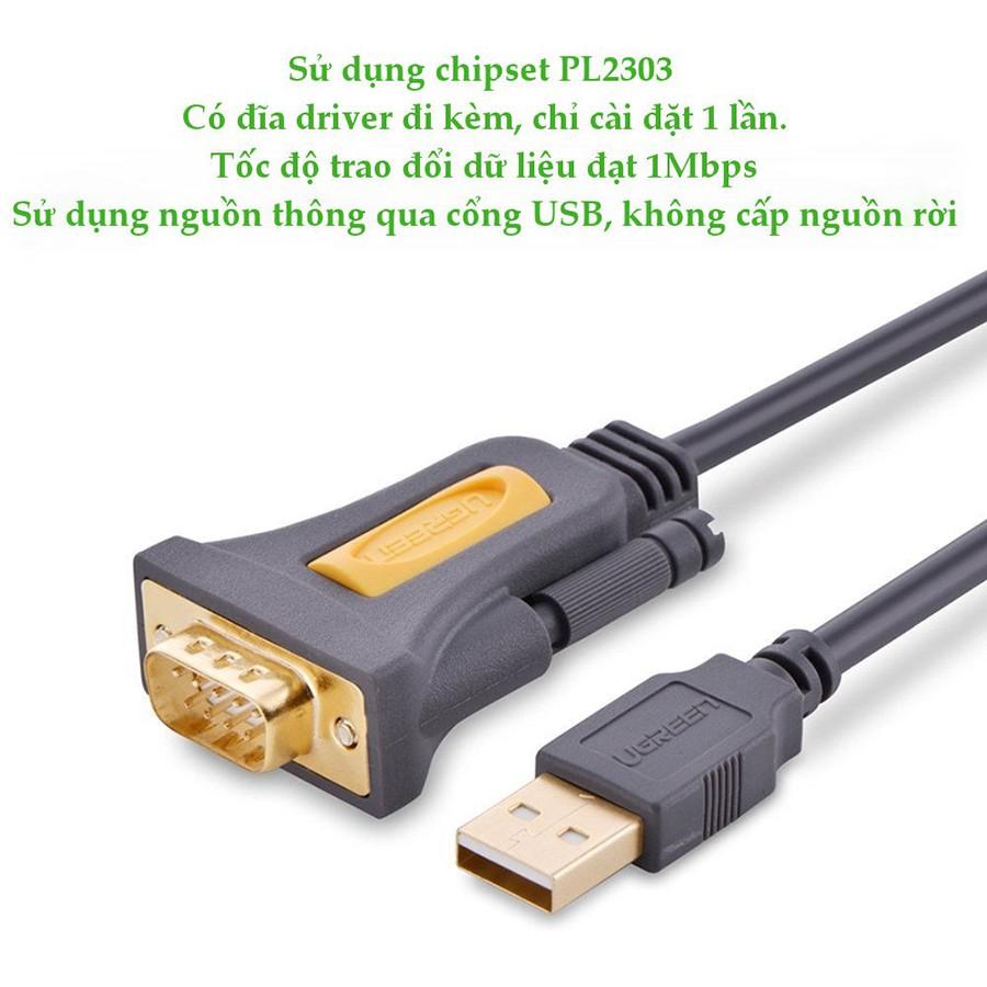 Cáp USB to Com RS232 DB9 Ugreen 20211 dài 1.5m chính hãng - Hàng Chính Hãng