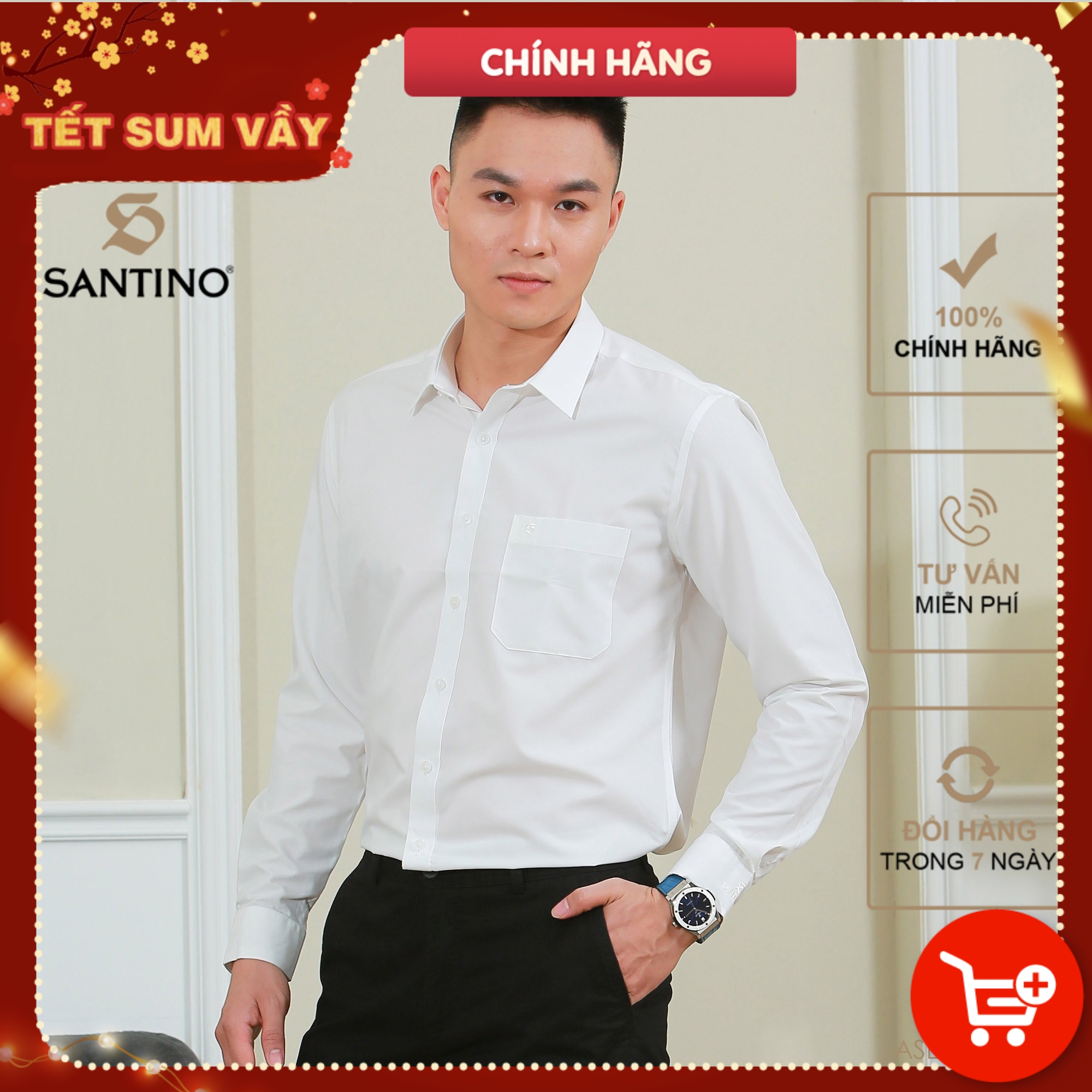 Áo sơ mi nam trắng ngà trơn dài tay Santino chất liệu gỗ sồi dáng slim sang trọng ASD495M104