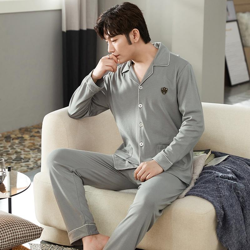 1610 - Bộ Pijama dài tay nam cao cấp trơn màu, màu ghi sáng HOT TREND, vải cotton 100% mềm, thoáng, size L-3XL