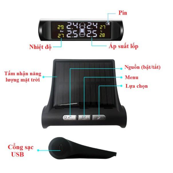 Cảm Biến Áp Suất Lốp , van ngoài,màn LCD, Pin mặt trời, cảnh báo bằng âm thanh.