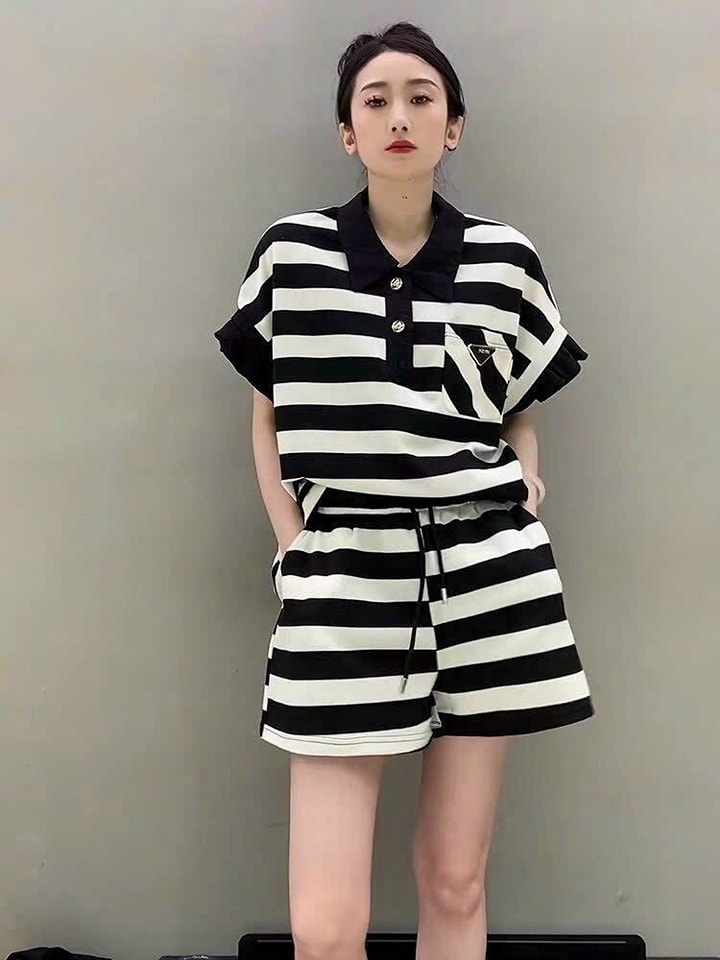 Set bộ short nữ thun sọc cổ bẻ - Hàng nhập cao cấp