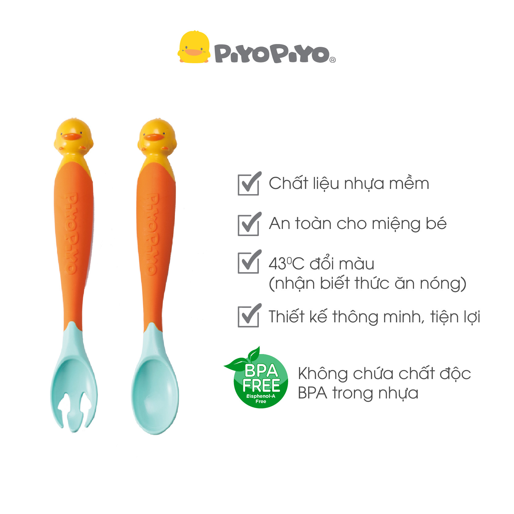 Bộ muỗng nĩa tập ăn báo nóng cho bé (6M+) Piyo Piyo hình vịt con, PY630125