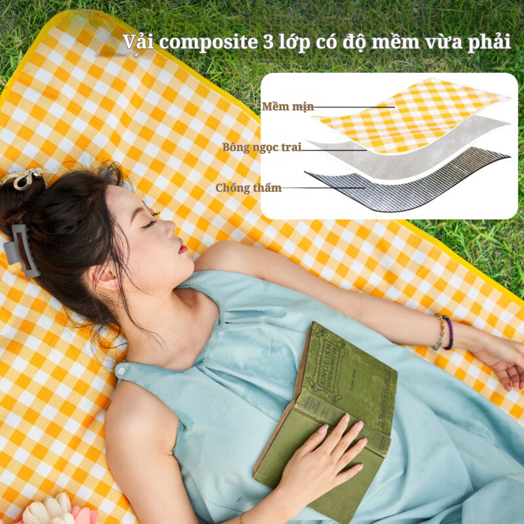 Thảm picnic Suncojia, thảm chống ẩm, kiểu sọc vàng trắng, thảm bãi biển, kích thước 2×2 mét