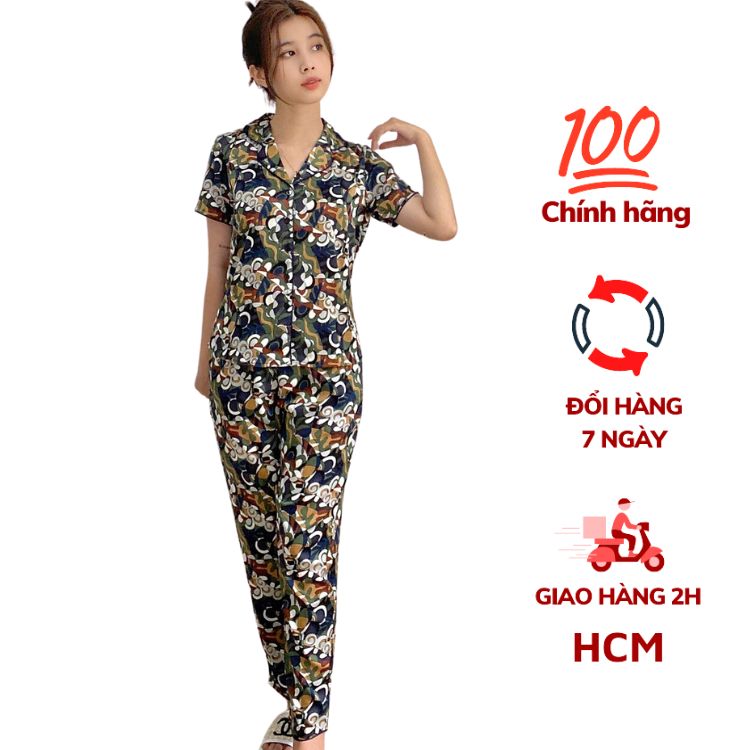 Bộ đồ Pyjama nữ, đồ mặc nhà lụa VILADY - B140 Quần Dài Tay Cộc Họa Tiết Con sò Màu Xanh Rêu, chất liệu lụa Pháp
