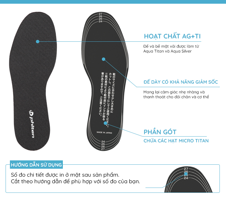 Lót giày trợ lực loại phẳng Phiten metax insole flat type TI463003/TI463004