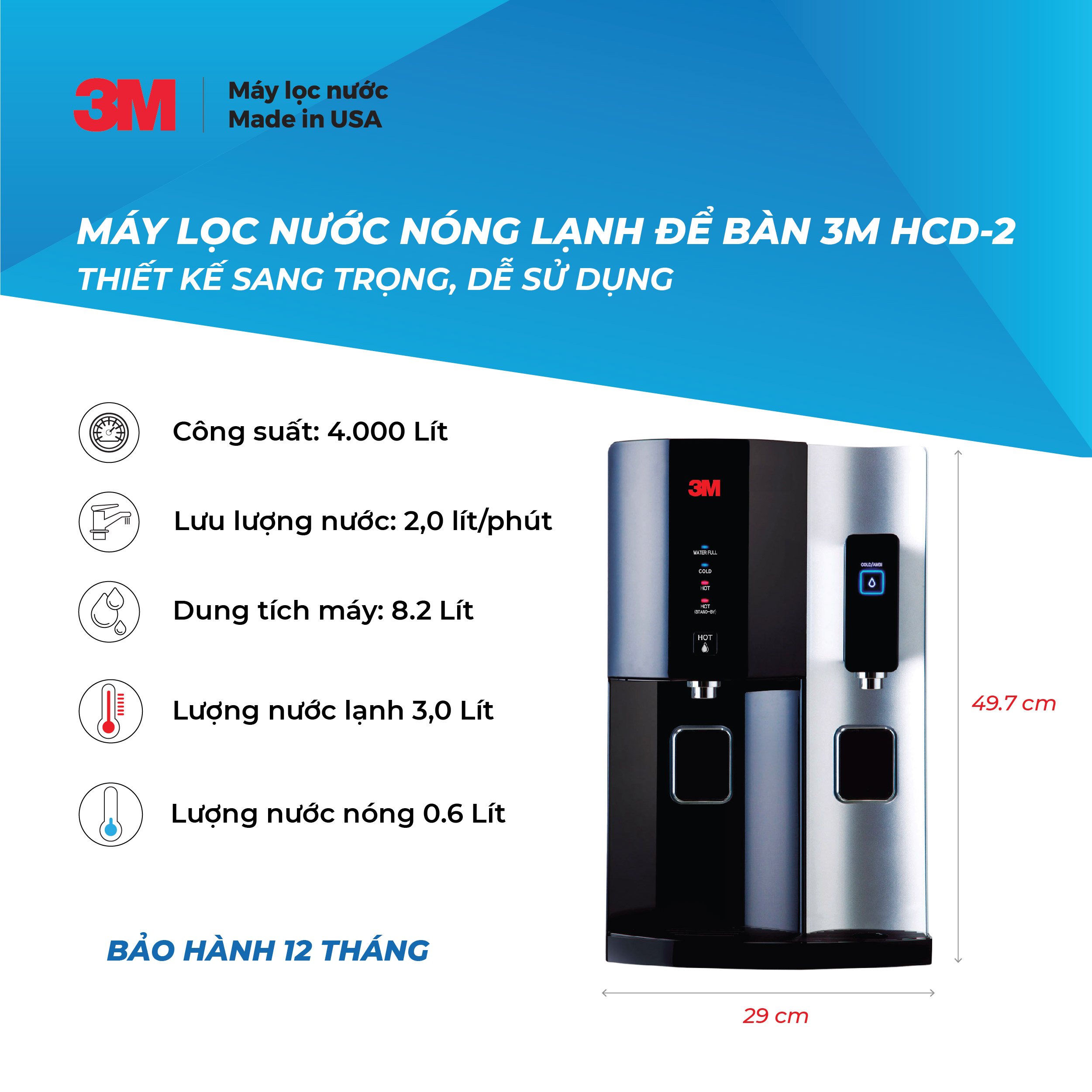 MÁY LỌC NƯỚC NÓNG LẠNH ĐỂ BÀN CAO CẤP 3M HCD-2 (MÀU ĐEN)