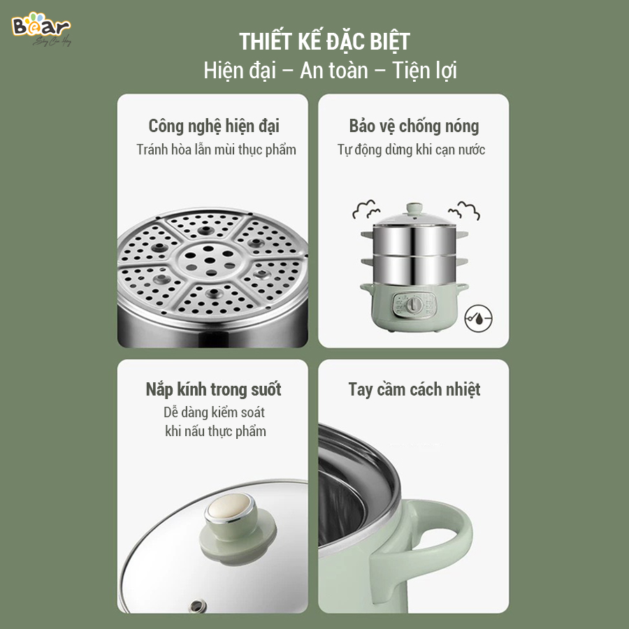 Nồi Hấp Điện 3 Tầng Bear 10L Hấp Đa Năng, Bánh Bao, Xôi, Đồ Ăn Dặm Cho Bé DZG-D80G5 - Hàng Chính Hãng