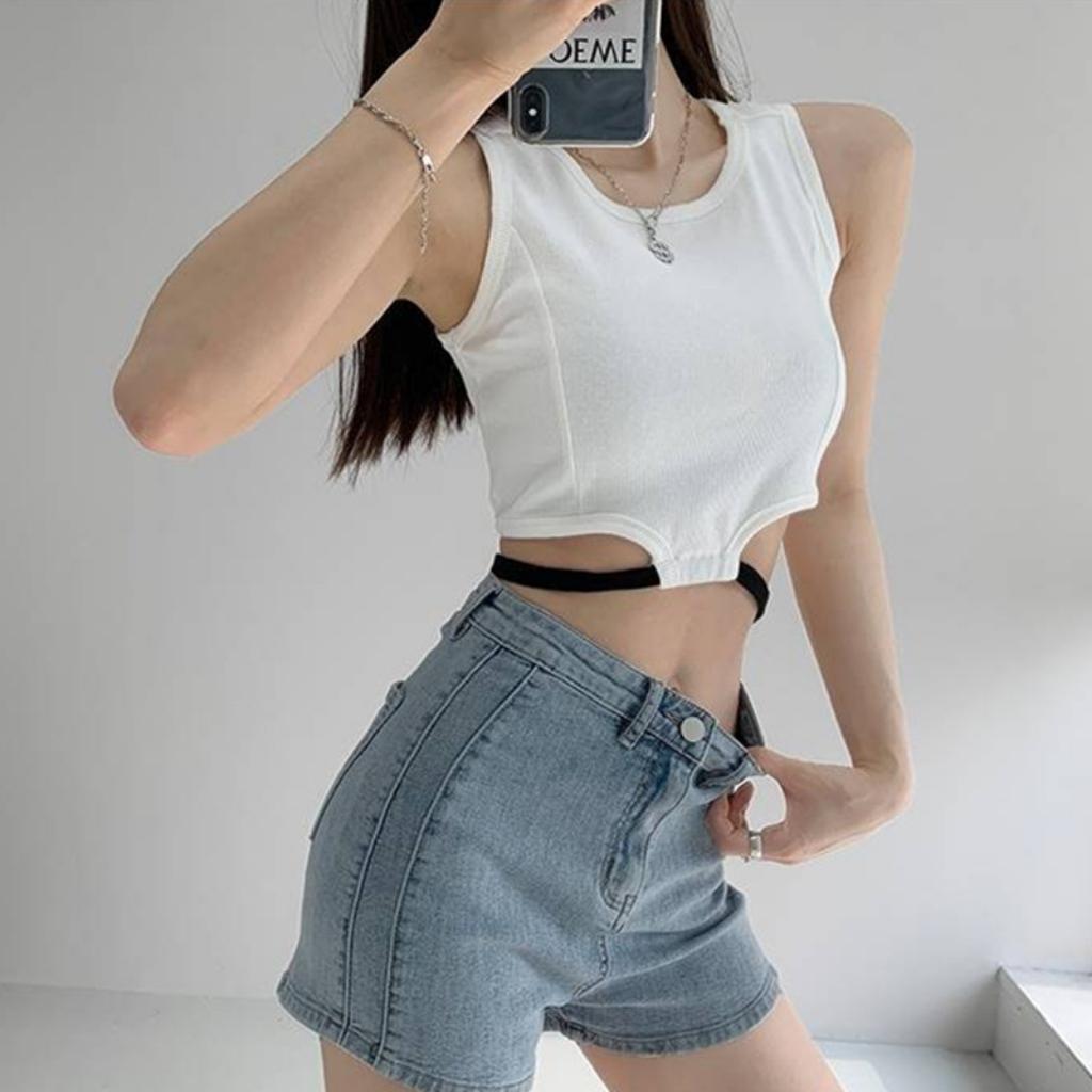 Áo Ba Lỗ Nữ Sát Nách Phối Dây Eo GenY - Áo Croptop Ôm 3 Lỗ Chất Thun Gân Mềm Mịn