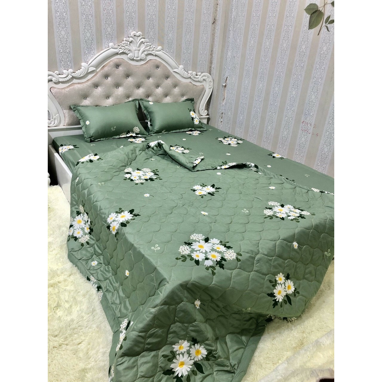 Bộ Chăn Ga Gối Cottong Poly Hè Thu 5 Món Chùm Hoa Cúc