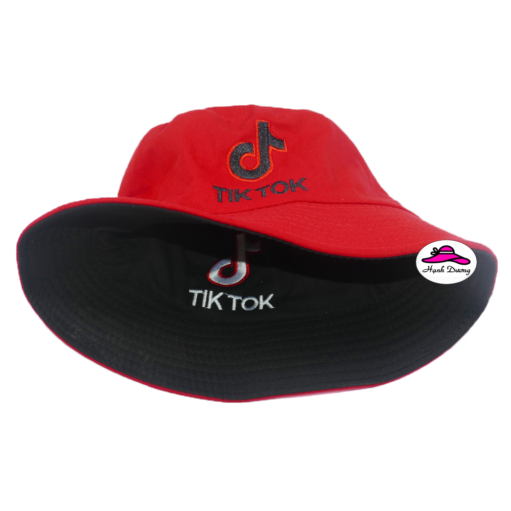 Mũ Bucket Tik Tok Thêu Hình Nốt Nhạt Dễ Thương, Đội Được 2 Mặt Độc Đáo - Hạnh Dương - Đỏ &Amp; Đen