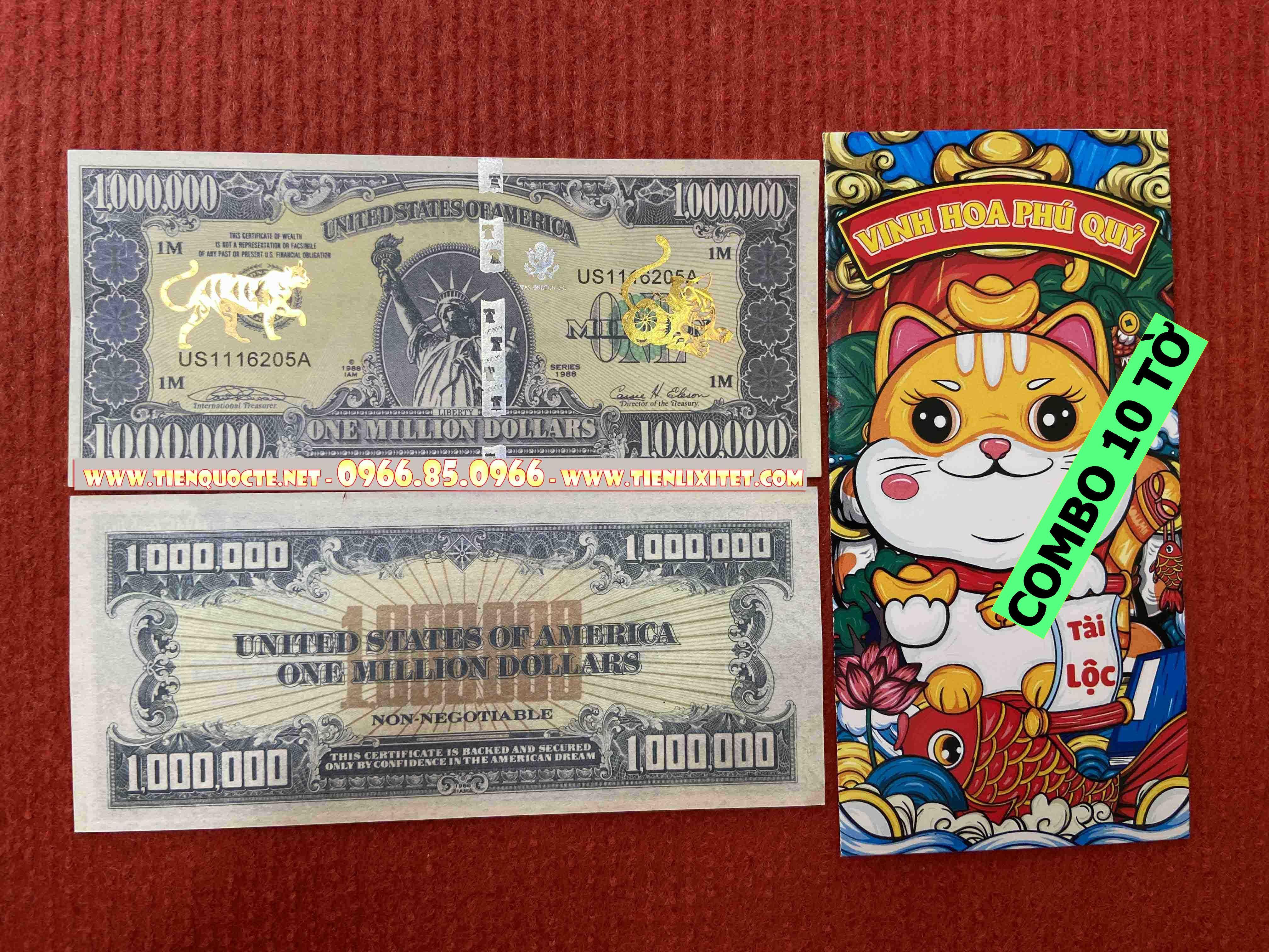 Lot 10 tấm Lì xì tiền 2023 tấm tiền 1 triệu do in hình con mèo gây sốt Tết 2023 đi cùng phong bao đỏ CQTLNLGD01729