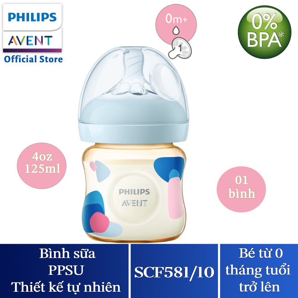 Philips Avent Bình sữa PPSU thiết kế tự nhiên 125ml cho trẻ từ 0 tháng tuổi SCF581/10