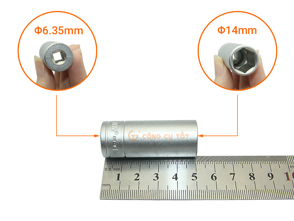 Đầu tuýp lục giác dài 1/4" 14mm xi mờ