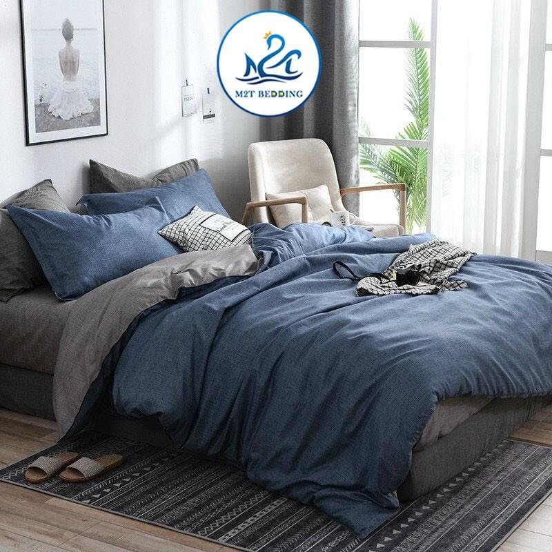 Bộ chăn ga gối Cotton poly M2T bedding Xanh xước, vỏ chăn mền, drap nệm và 2 vỏ gối