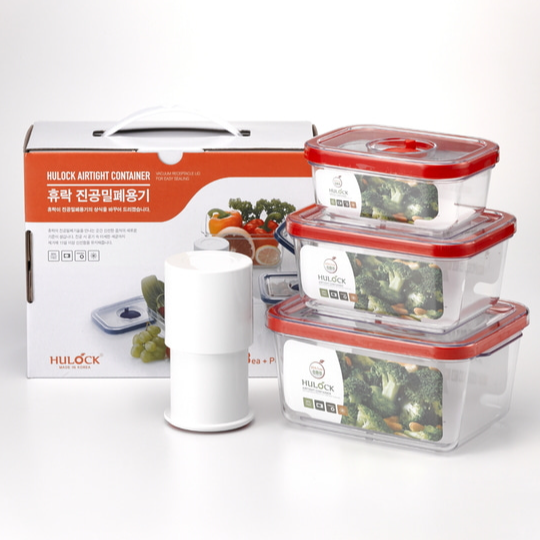 COMBO 3 HỘP ĐỰNG THỨC ĂN HÚT CHÂN KHÔNG HÀN QUỐC HULOCK CONBINATION SET Giữ thức ăn tươi lâu hư , bảo quản đậu hạt bánh snack trái cây lâu hơn (Hàn nội địa cao cấp Hàn Quốc)