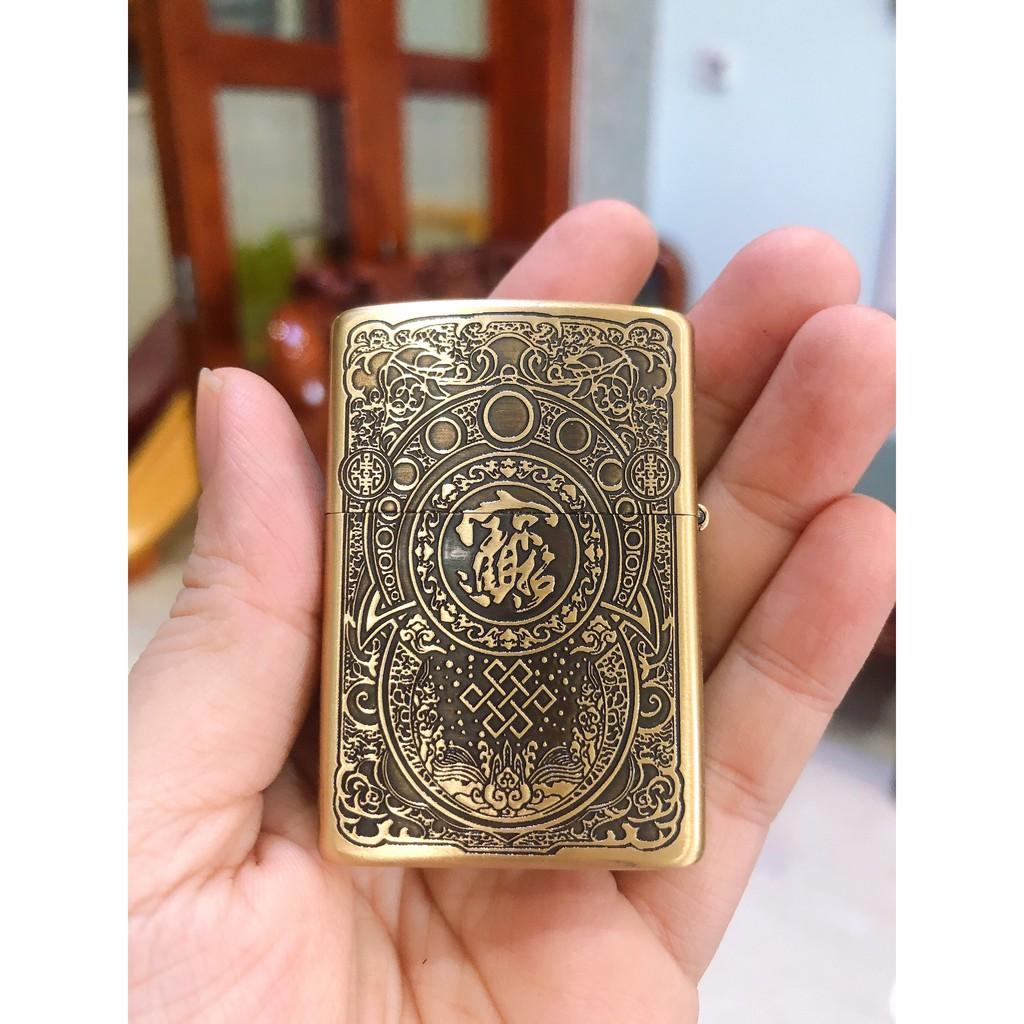 VỎ Bật Lửa Zippo Tỳ Hưu Khắc Chìm 5 Mặt- Vỏ Đồng - Tem đỏ - hộp quẹt zippo