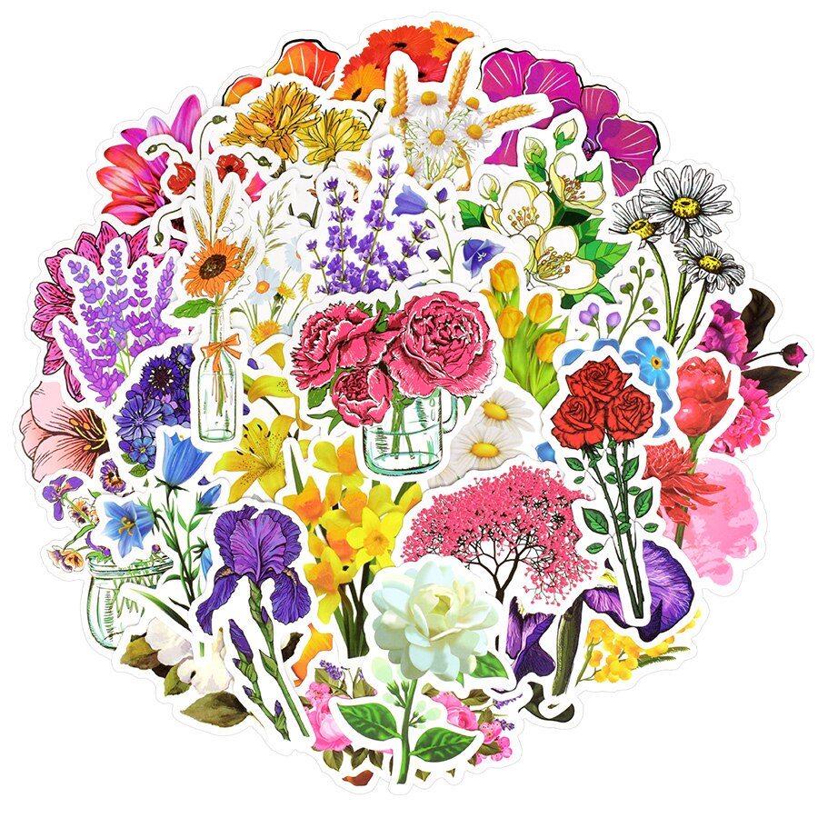 Set 60 Sticker hoa Flowers cắm trại ảnh ép lụa