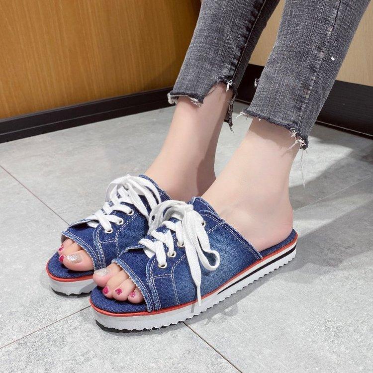 Dép Vải Canvas Đế Bằng Mũi Tròn Phối Dây Thắt Sành Điệu Cho Nữ