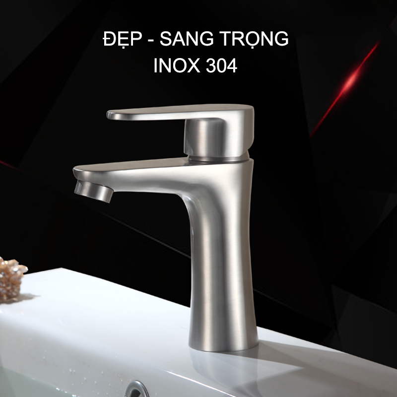 Vòi nước nóng lạnh cho chậu rửa mặt VRNL-I304B1, loại cho chậu 1 lỗ, làm bằng Inox 304 kèm dây nối mềm