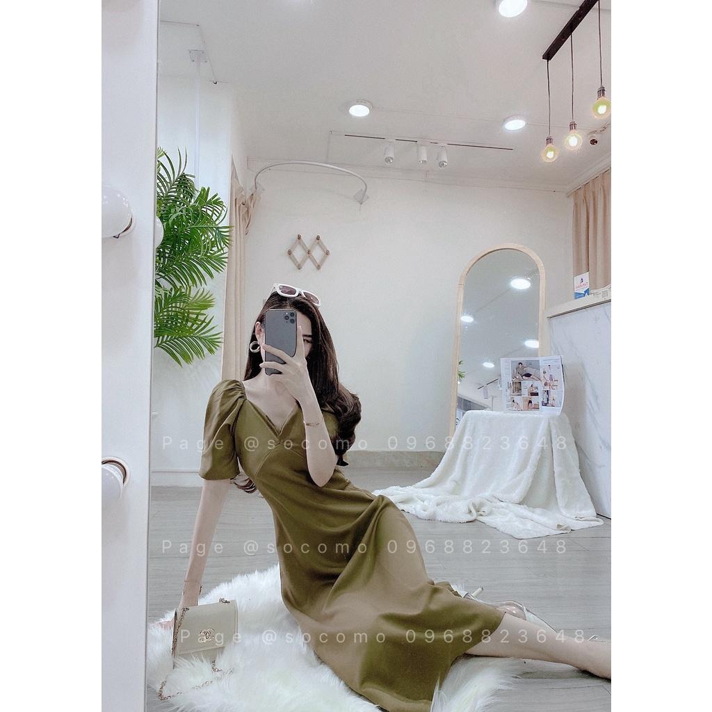 Đầm nữ cổ chữ V màu rêu tay bồng Socomo V272022 - Hàng loại 1, chất đẹp - Giá tốt