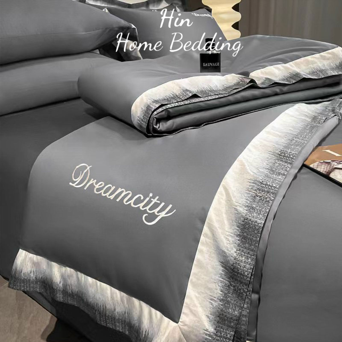 Bộ Chăn Ga Gối Đệm 5 Món Chăn Bông Hin Home Bedding Drap Giường Lụa Mẫu Xám Lông Chuột