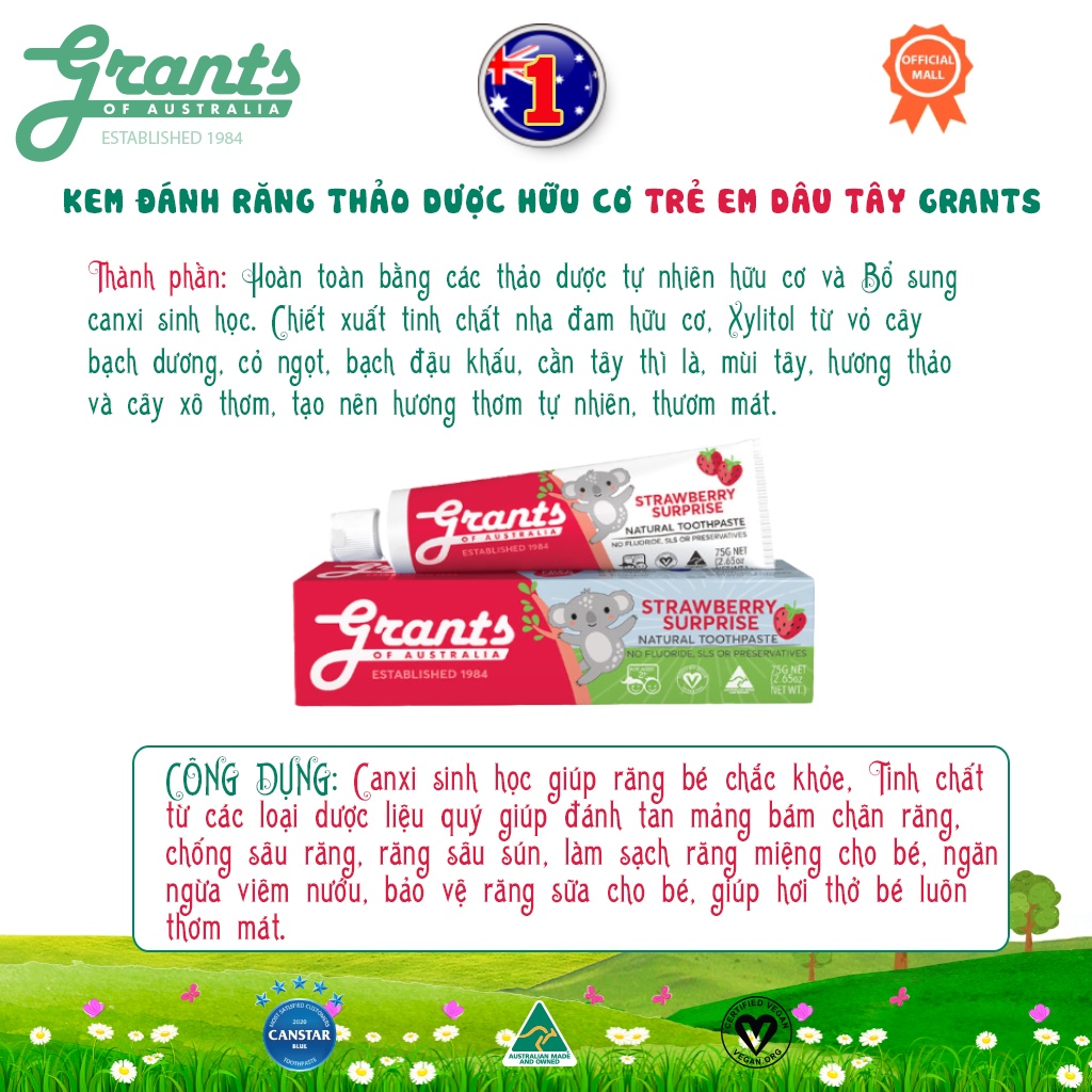 Kem đánh răng trẻ em thảo dược dâu tây Grants 75g - Bảo vệ răng sữa cho bé, ngăn ngừa răng sâu sún