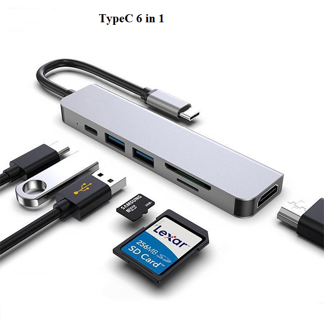 Hub chuyển đổi USB TypeC 6 trong 1, Cổng chuyển đổi HUB USB TypeC to HDMI, 1 cổng HDMI 4k UHD , 2 cổng USB 3.0, 2 khe đọc thẻ nhớ SD và TF, Kết nối nhiều thiết bị với tốc độ cao, Dùng cho Điện thoại/Laptop/PC/Macbook