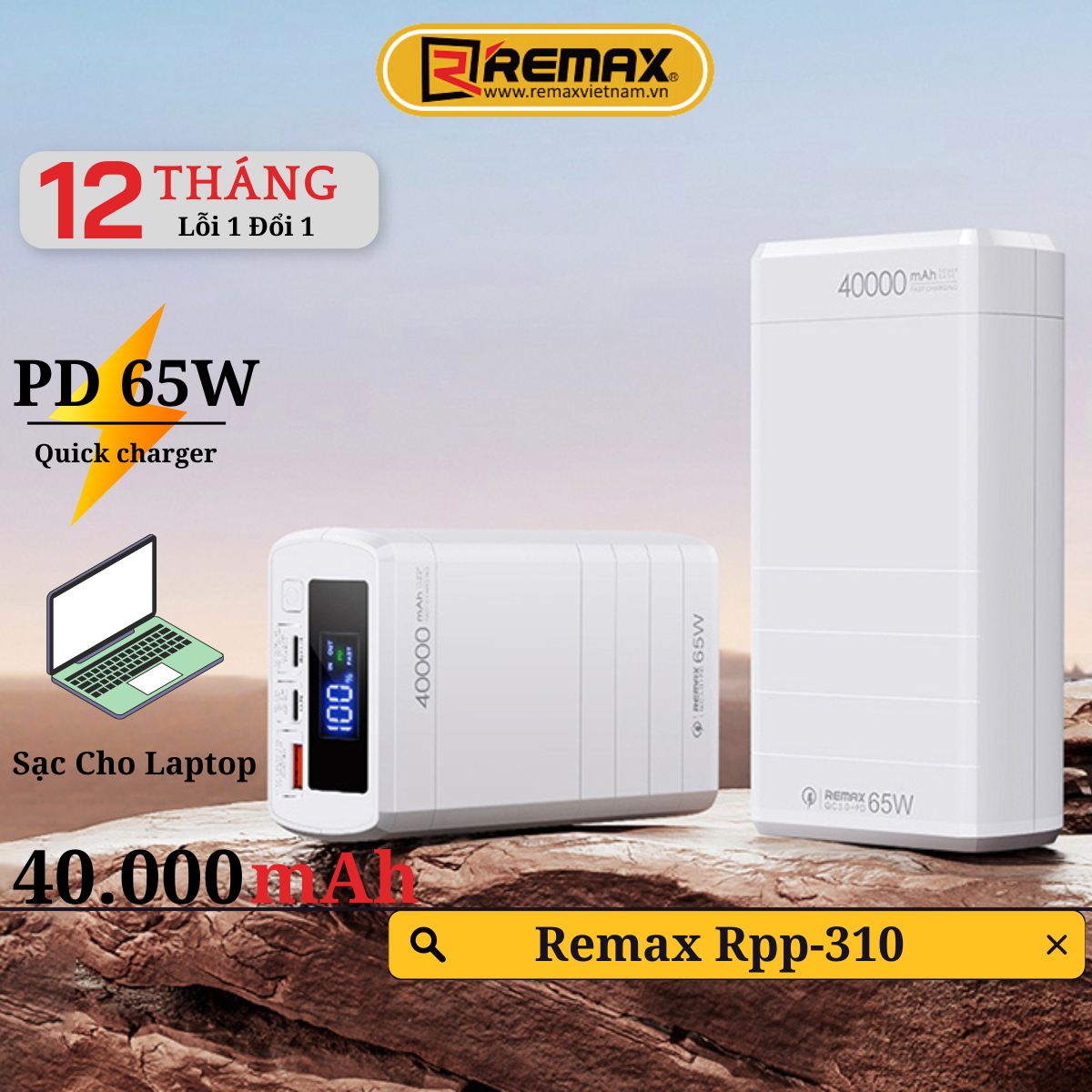 Pin sạc dự phòng 40000mAh 65W PD QC Remax RPP-310 sạc nhanh cho smatphone ipad máy tính bảng laptop - Hàng Chính hãng Remax