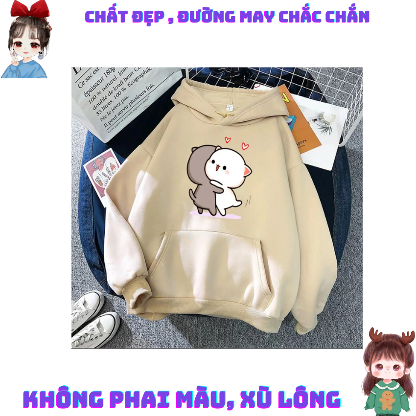 Áo Nỉ Nữ Form Rộng LM01, Áo Nỉ Có Mũ In Hai Mèo Ôm Nhau Dễ Thương