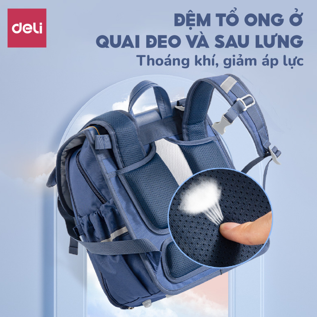 Balo Chống Gù Có Nắp Cho Bé Trai Bé Gái Deli Cặp Sách Học Sinh Vải Oxford Siêu Nhẹ Chống Nước Bụi