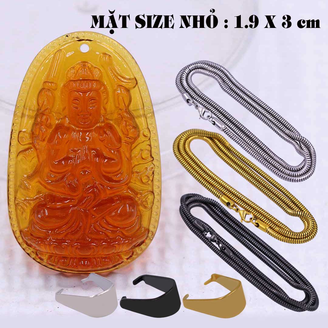 Mặt Phật Thiên thủ thiên nhãn pha lê cam 1.9cm x 3cm  kèm vòng cổ dây chuyền inox rắn vàng + móc inox vàng, Phật bản mệnh, mặt dây chuyền