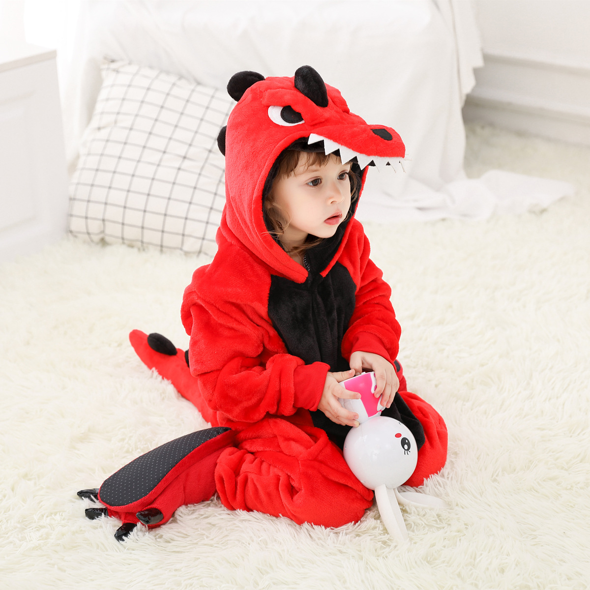 Bộ Đồ thú Khủng Long đỏ liền thân lông mịn Pijama dành Cho Người Lớn và Trẻ Em kiểu dáng Động Vật Hoạt Hình Cosplay