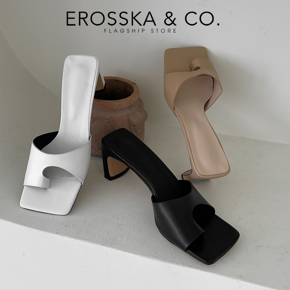 Dép cao gót Erosska thời trang mũi vuông kiểu dáng xỏ ngón đơn giản dễ phối đồ cao 7cm EB027