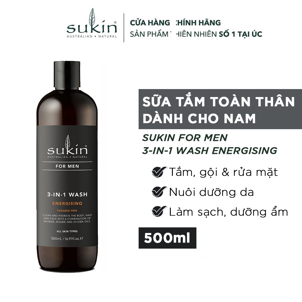 Combo làm sạch cơ bản Sukin for men ( Sữa tắm 3in 1 thể thao 500ml + Sữa rửa mặt 225ml)