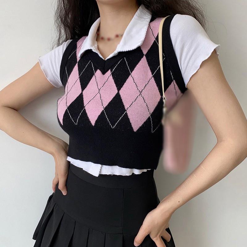 Áo Tank Top Dệt Kim Cổ Chữ V Màu Tương Phản Phong Cách Retro Cho Nữ