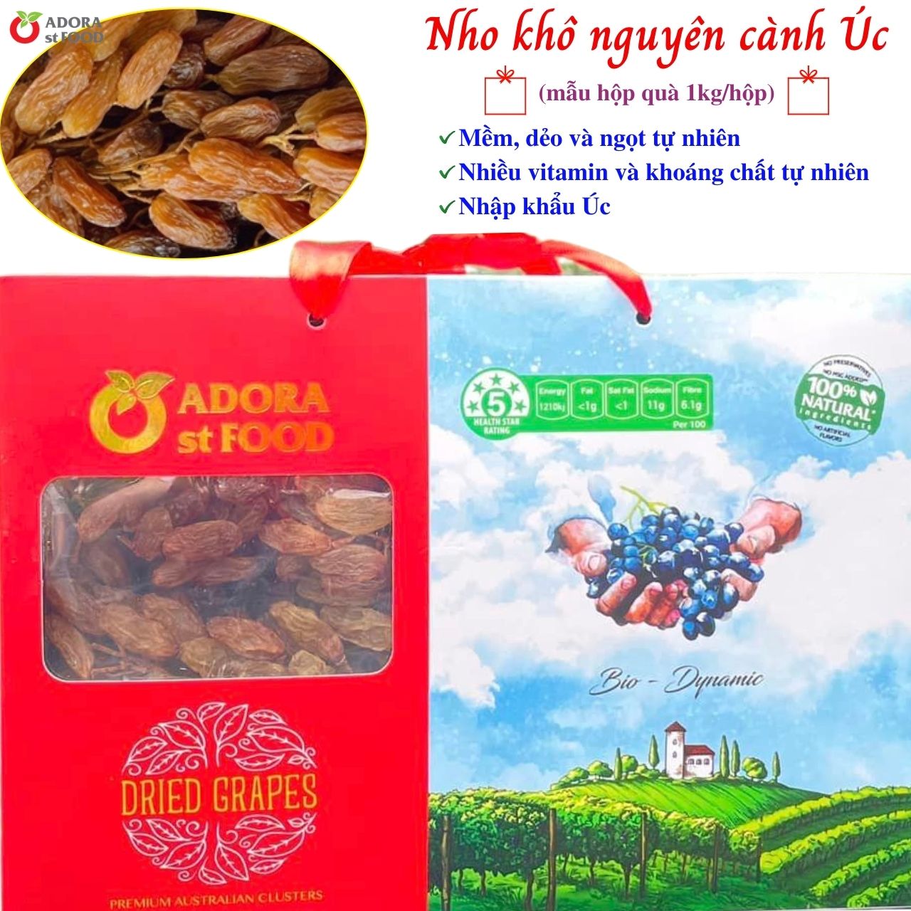 Nho khô nguyên cành THOMPSON Úc Dried Grapes Adora st Food (mẫu Quà Tết 1kg/hộp) ngon, bổ dưỡng, giàu vitamin, khoáng chất tự nhiên-QuaTangMe Extaste