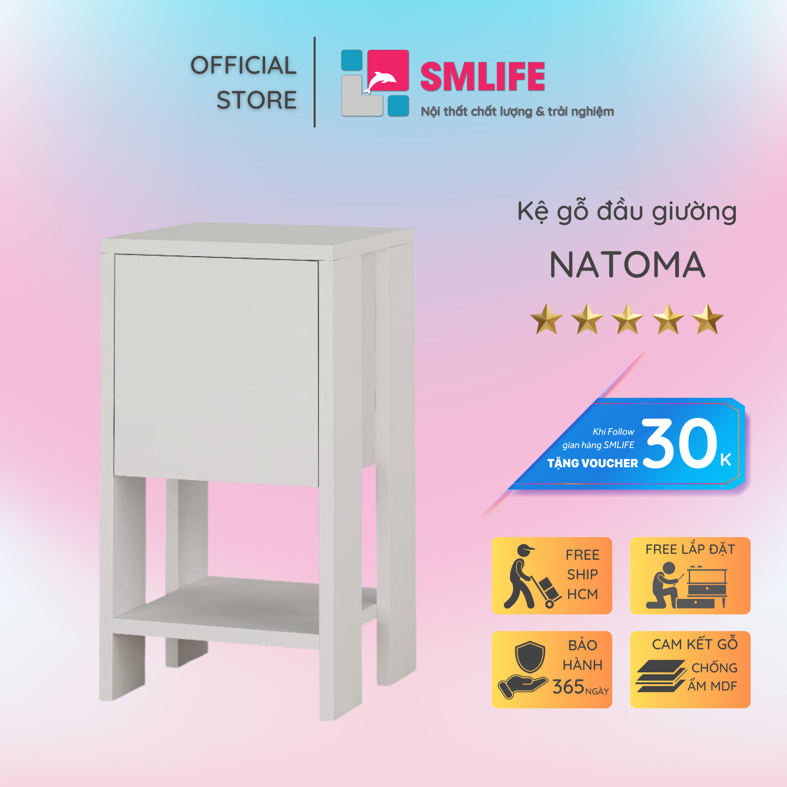 Tủ gỗ đầu giường hiện đại SMLIFE Natoma | Gỗ MDF dày 17mm chống ẩm | D30xR30xC55cm