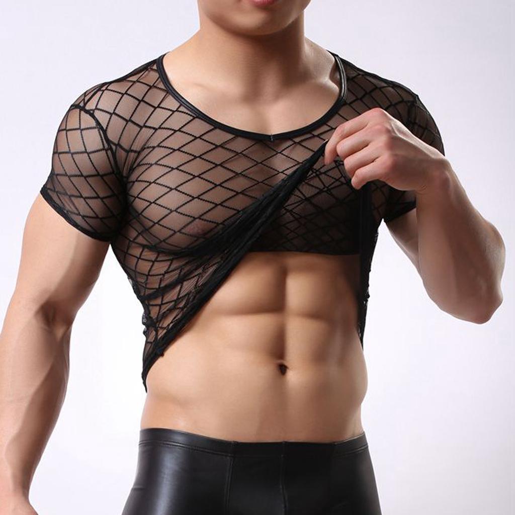 Men's Mesh Brief Sheer O-neck Short Sleeve Mesh T-Shirt Tops Set