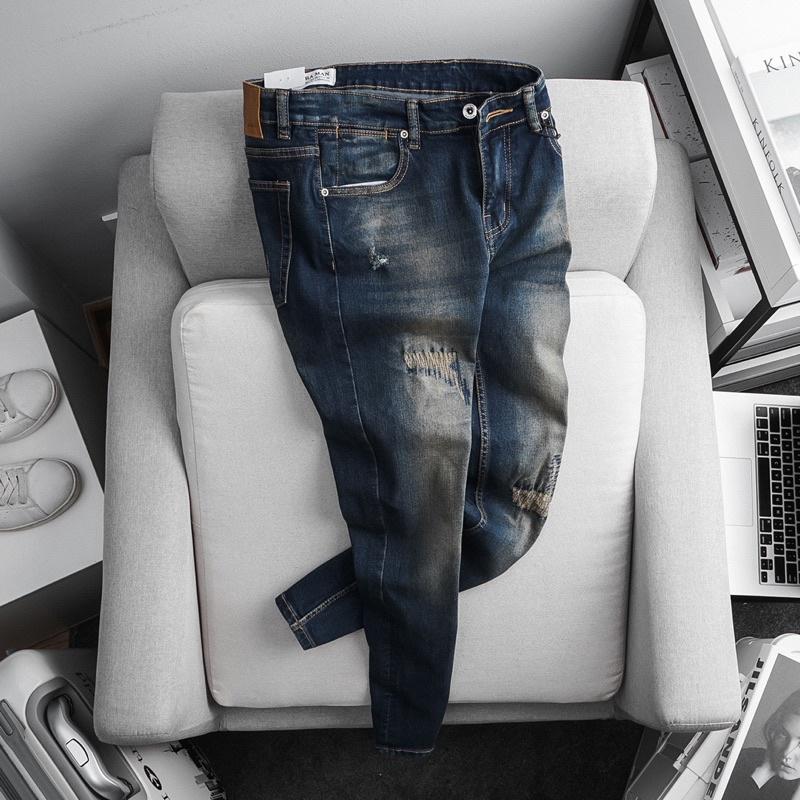 Quần Bò Jean Nam siêu đẹp màu bụi thêu gối cao cấp VNXK xịn jean co giãn