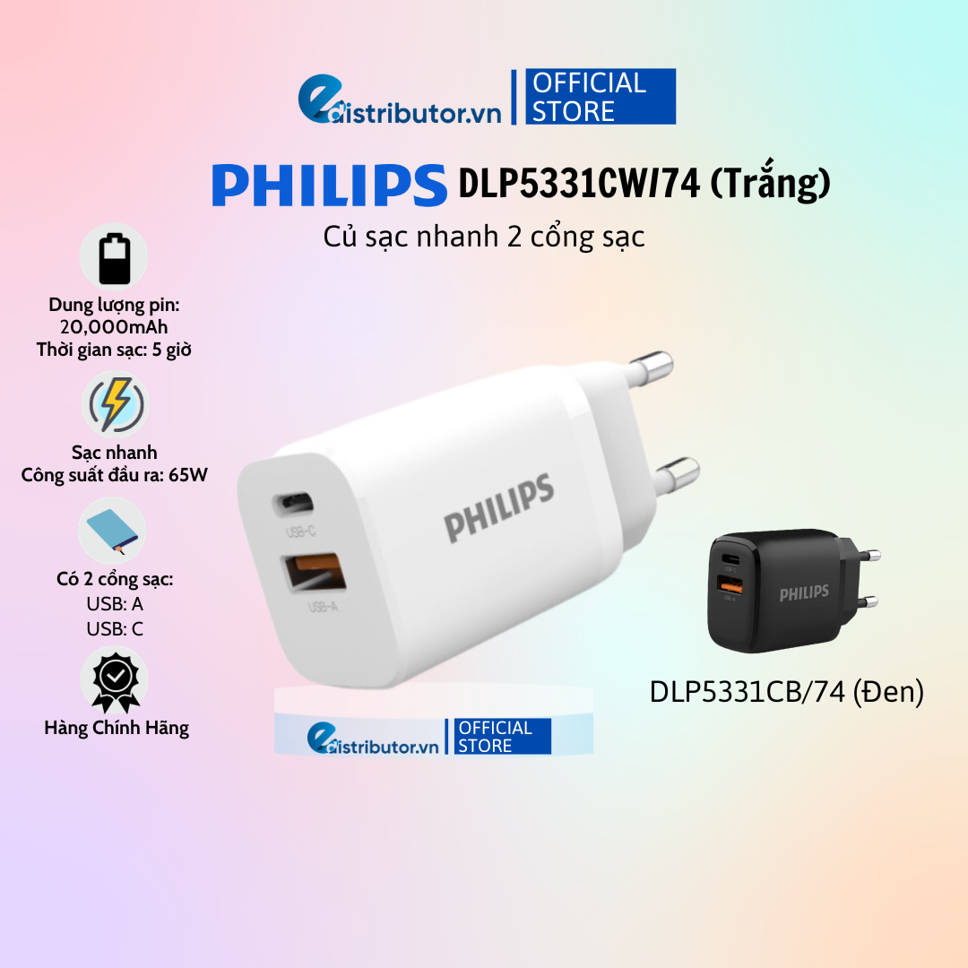 Củ sạc nhanh Philips 2 cổng sạc DLP5331CW/74 - DLP5331CB/74 - Hàng Chính Hãng