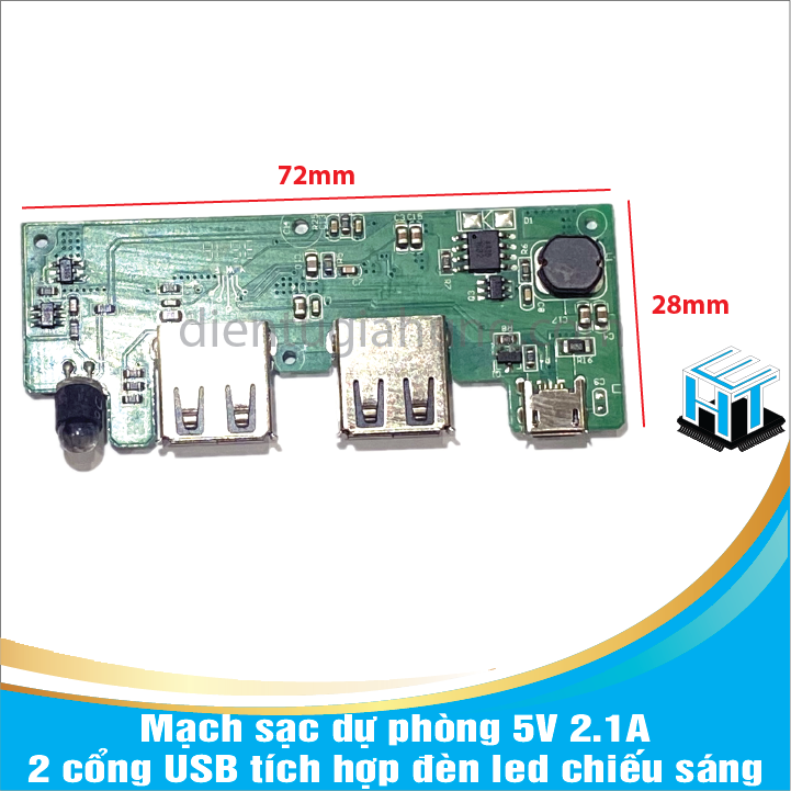 Mạch sạc dự phòng 5V 2.1A 2 cổng USB tích hợp đèn led chiếu sáng