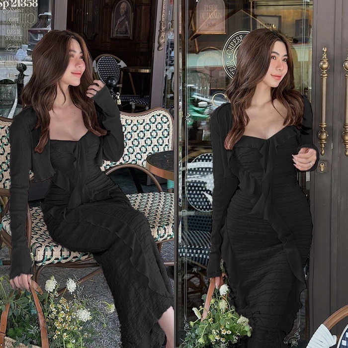 ĐẦM MIDI DÀI 2 DÂY CỔ U SUÔNG TRƠN ÔM BODY BÈO + KHOÁC LỬNG CARDIGAN HỒNG PASTEL ĐEN TRẮNG ĐI BIỂN DỰ TIỆC ĐI CHƠI DẠO PHỐ