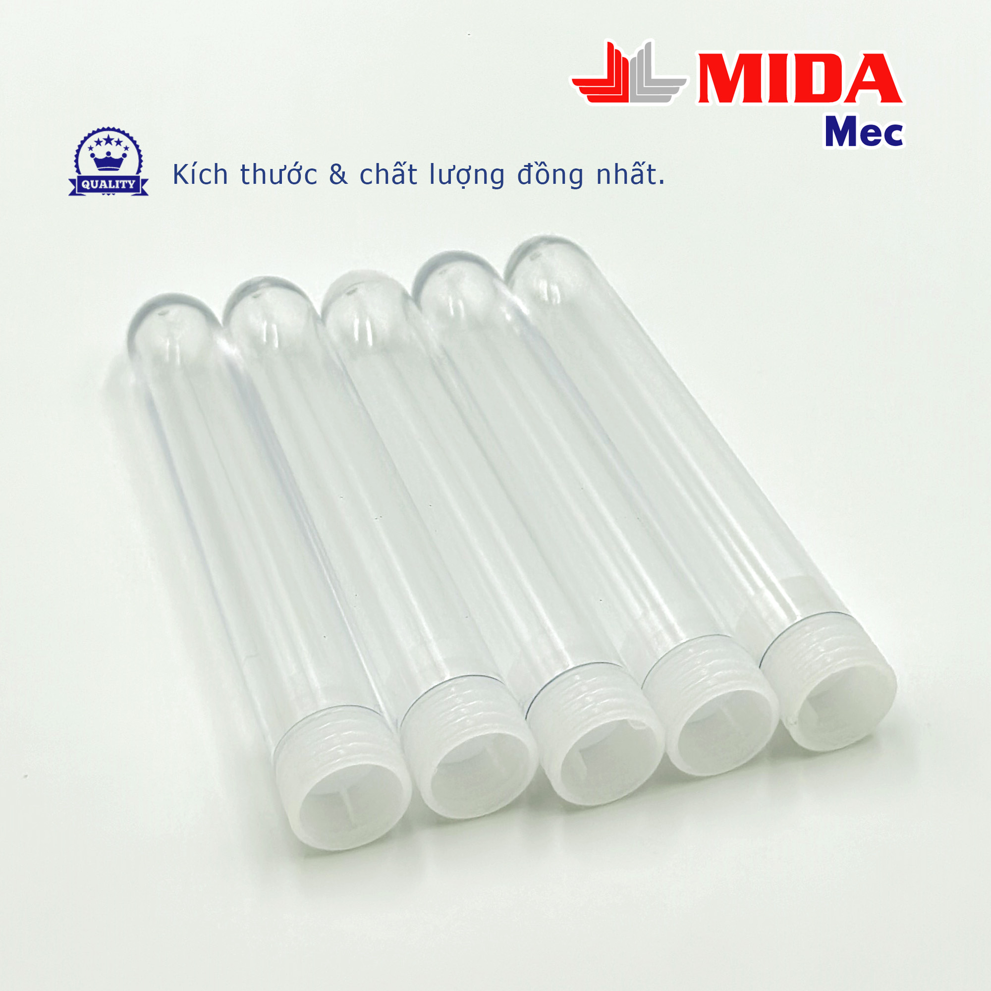 Ống nghiệm nhựa không nắp MidaMec 16x100 PS đóng gói 250 cái/bao