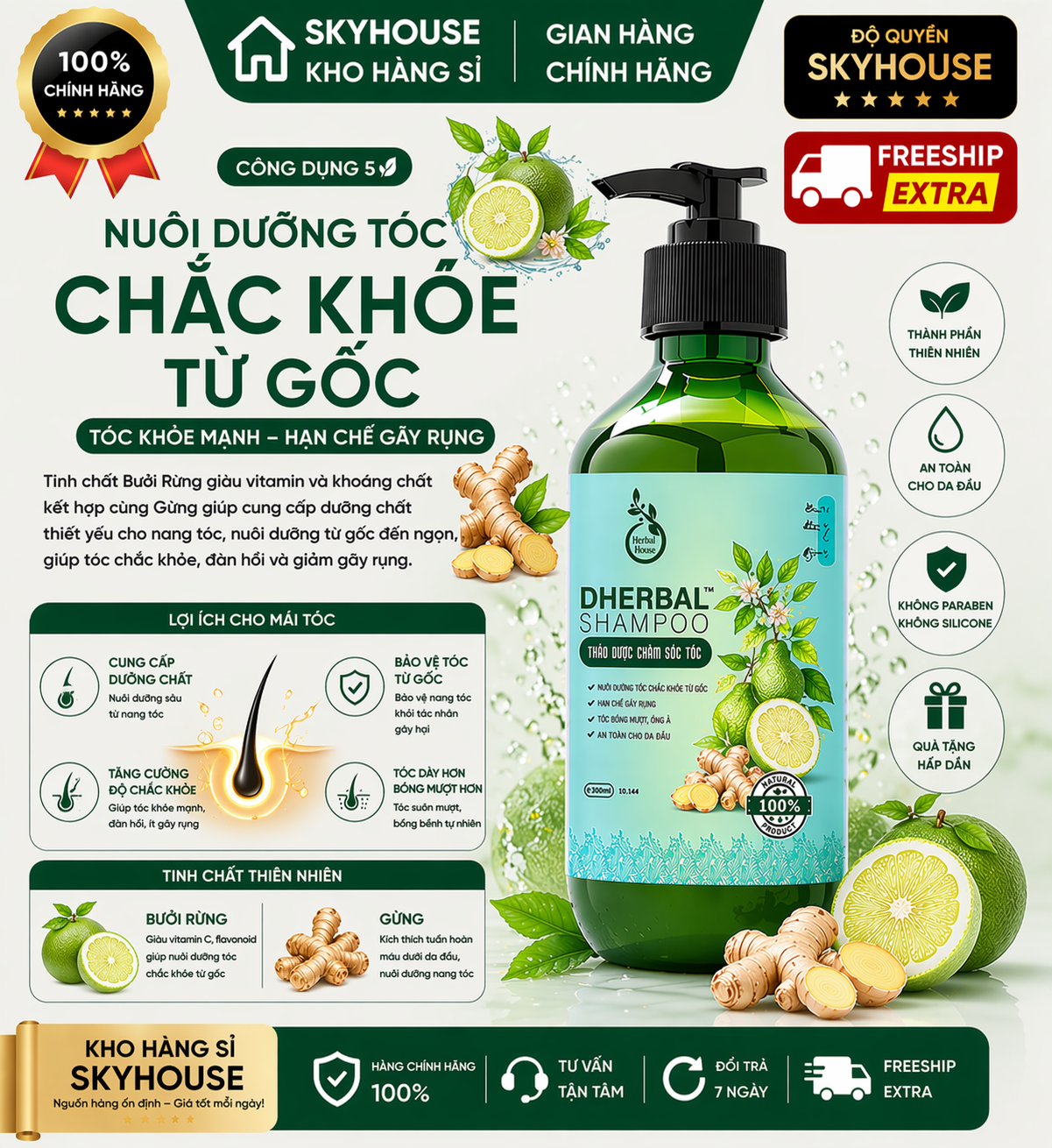 Dầu gội thảo dược tinh chất bưởi rừng gừng độc quyền DHERBAL chai 300ml  giảm gãy rụng cải thiện mọc tóc chính hãng