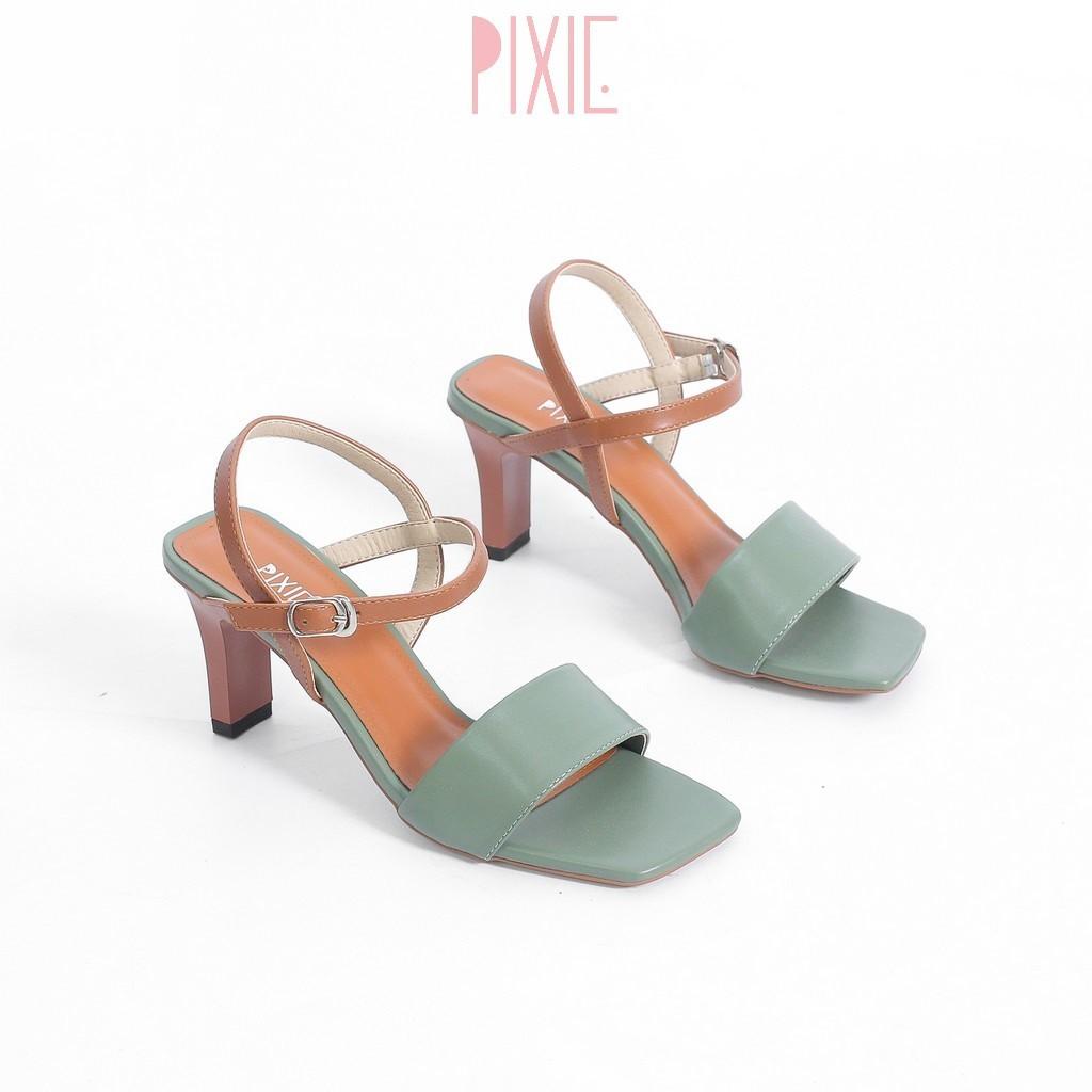 Giày Sandal Cao Gót 6cm Quai Bản To Mix 2 Màu Pixie X484