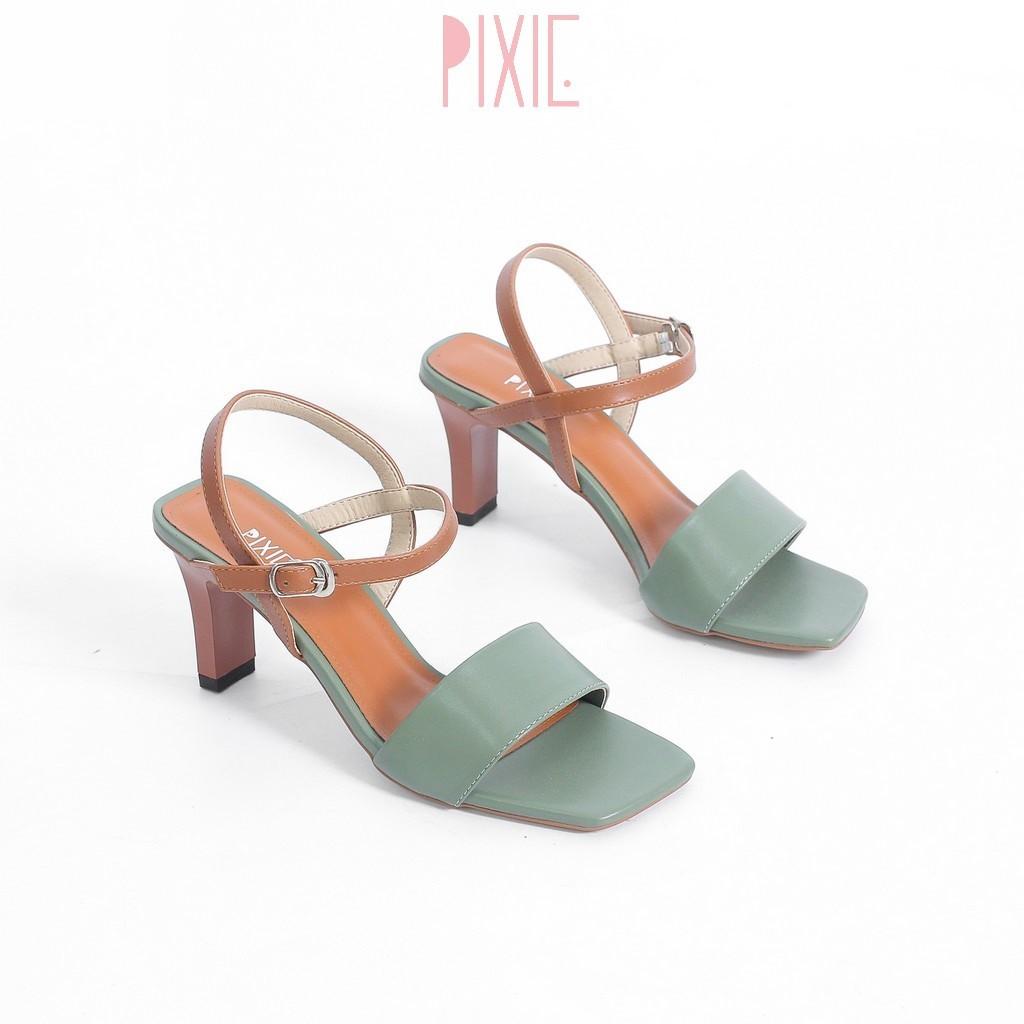 Giày Sandal Cao Gót 6cm Quai Bản To Mix 2 Màu Pixie X484